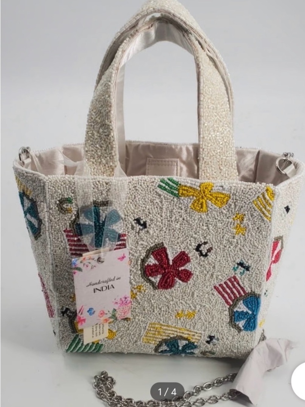 Handcrafted Ivory Beaded Tote Bag with Multicolor Beach Ball Motif